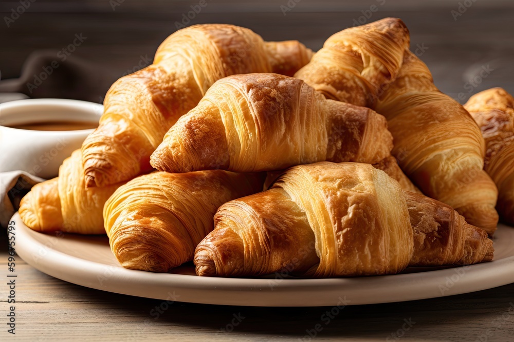 plate of warm and fluffy croissants, drizzled with sweet pastries, created with generative ai plate of warm and fluffy croissants, drizzled with sweet pastries, created with generative ai