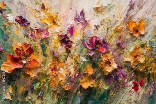 Fotografia Abstract impressionist painting of colorful wild flowers in impasto oil on canvas