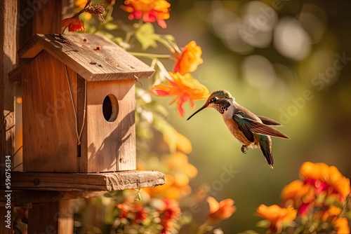 Photo hummingbird feeding from birdhouse on sunny day, created with generative ai
