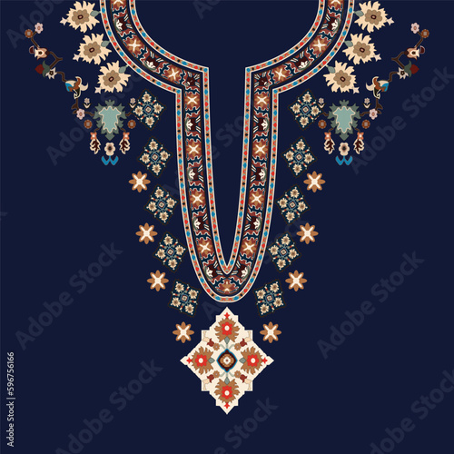 Beautiful neckline embroidery.geometric ethnic oriental pattern traditional on black background.Aztec style,abstract,vector,illustration.design for texture,fabric,clothing,fashion women wearing,print.