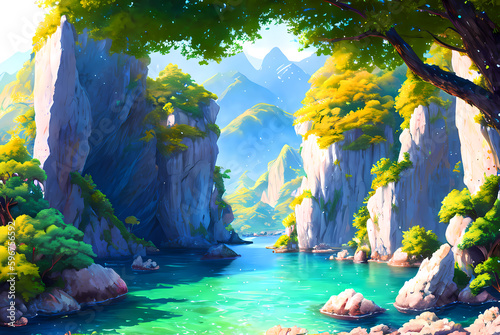 The digital painting showcases a stunning landscape that features a field of waterfalls, vibrant streams in different hues, and a serene forest ambiance