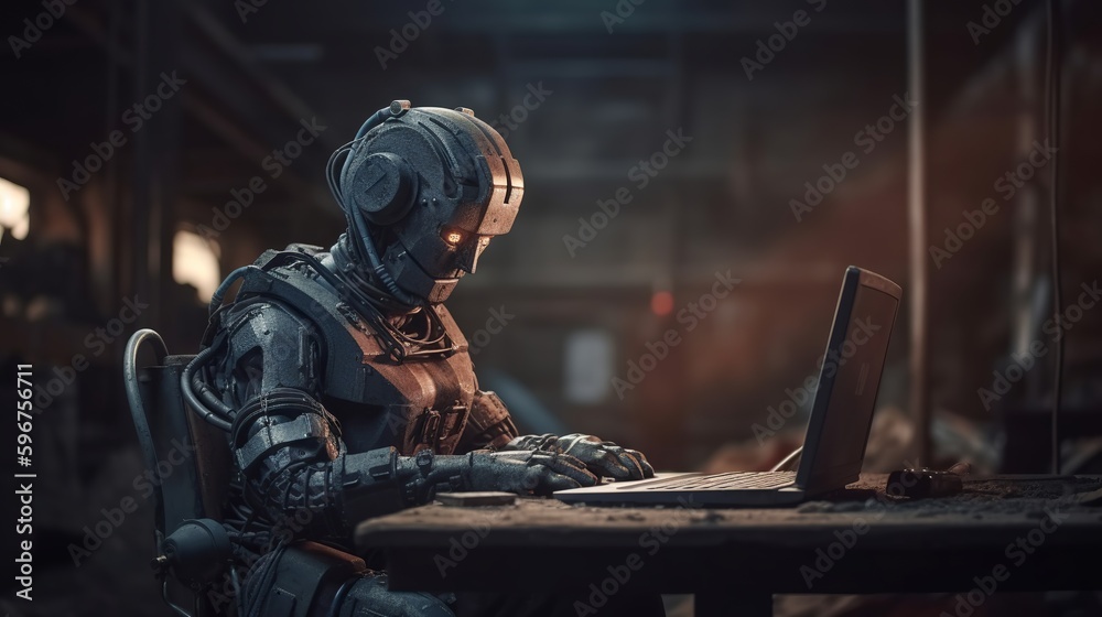 Fototapeta premium Portrait of robotic worker factory working. AI illustration. Business process.
