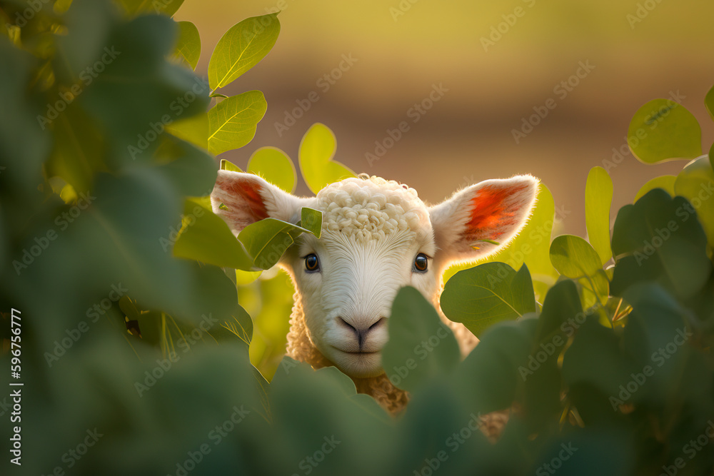 Obraz premium Adorable lamb peeking out from behind green leaves. Generative AI.