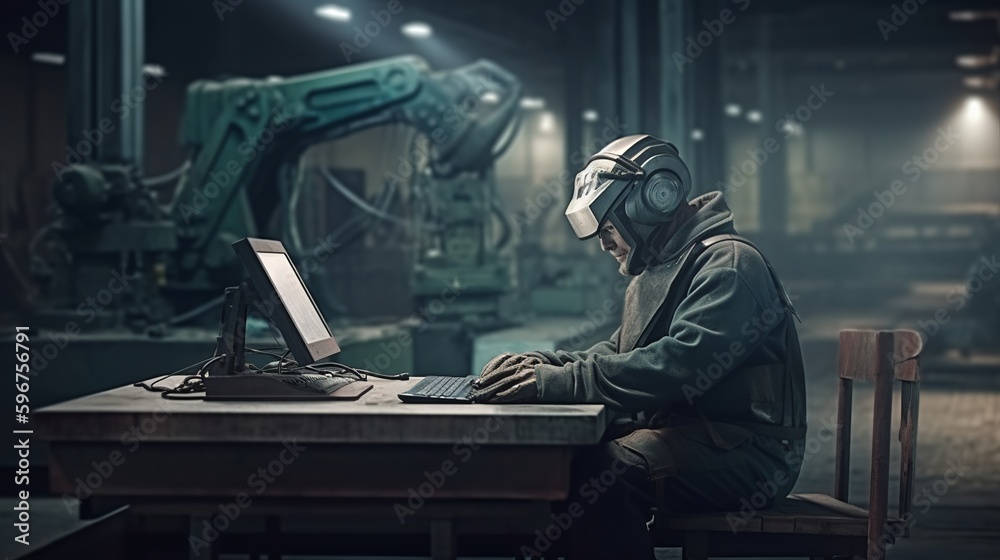 Portrait of robotic worker factory working. AI illustration. Business process. Portrait of robotic worker factory working. AI illustration. Business process.