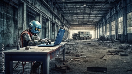 Portrait of robotic worker factory working. AI illustration. Business process. © imagemir