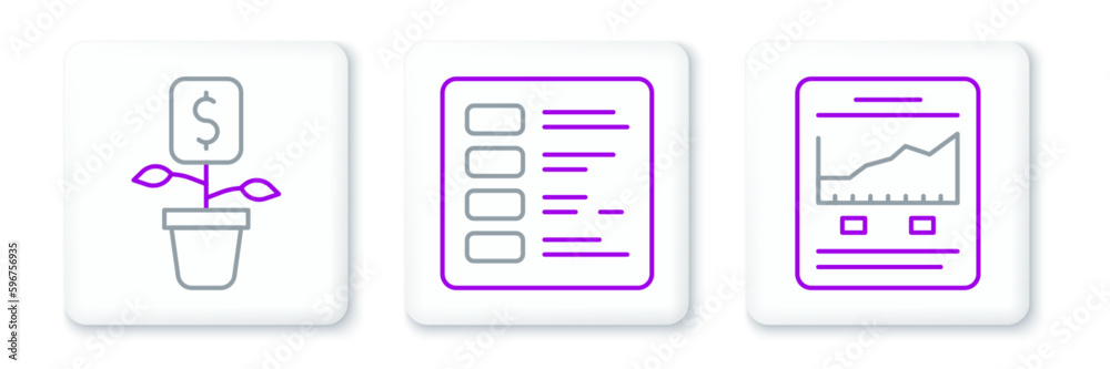 Set line Website with growth graph, Dollar plant and Business finance report icon. Vector