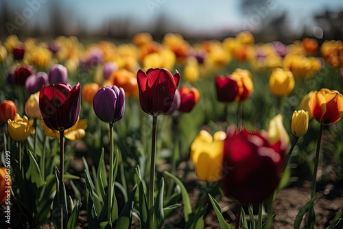 A Burst of Color  Tulips in Full Bloom in a Sunny Garden. Generative AI