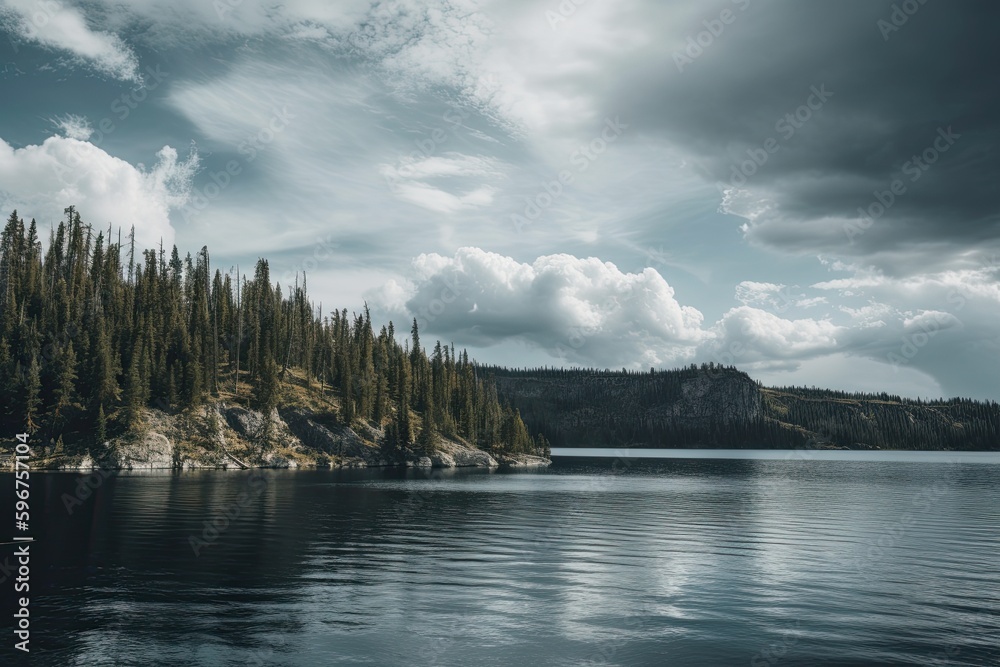 Calm Generative Landscape at Yellowstone National Park: Serene Lake against Majestic Mountains and Majestic Sky, Generative AI
