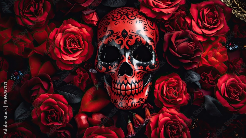 Halloween Horror: A Mexican Gothic Celebration with Colorful Red Rose Sugar Skull Decoration: Generative AI