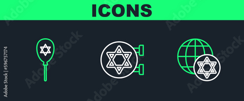 Set line World Globe and Israel, Balloon with star of david and Jewish synagogue icon. Vector