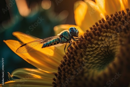 Generative Macro Focus: Capturing the Mesmerizing Beauty of a Dragonfly Wing on a Sunflower in Golden Hour Light: Generative AI