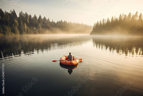 floating peacefully on a raft in the middle of a tranquil lake, created with generative ai