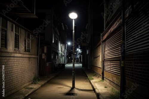 solar-powered streetlight illuminating a dark alleyway, created with generative ai