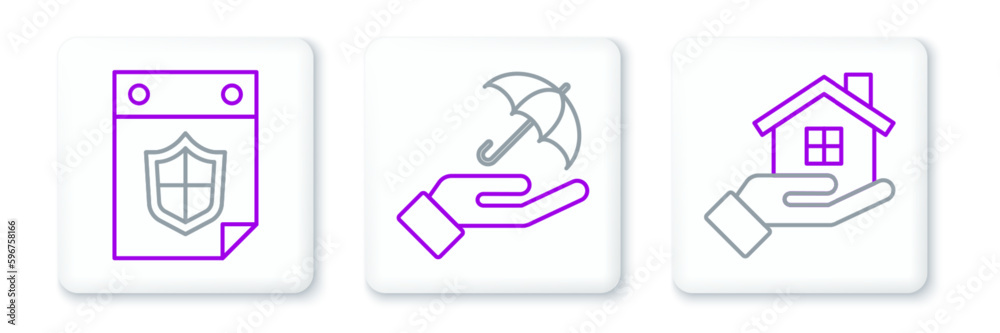Set line House in hand, Calendar with shield and Umbrella icon. Vector Set line House in hand, Calendar with shield and Umbrella icon. Vector