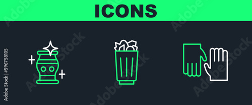 Set line Rubber gloves, Clean vase and Full trash can icon. Vector