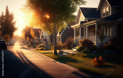 Photo A view of a street in the suburbs created with Generative AI technology