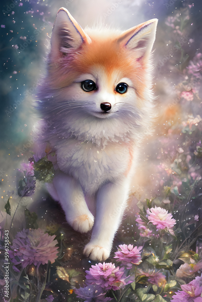 Obraz premium Kleiner Kinder Fuchs (Kitsune) zwischen vielen Blumen, Generative AI