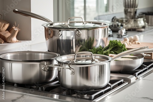 Fotografiet person, cooking with classic pots and pans on stainless steel kitchen countertop
