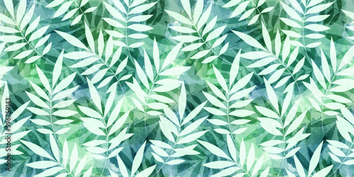 Watercolor palm leaves seamless vector pattern. Exotic leaves green background, textured jungle print
