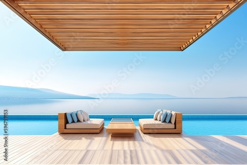 Interior of modern living room sofa or couch with beautiful sea view. Generative AI