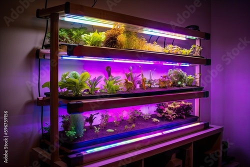 aquaponics system with grow lights and plants growing on vertical wall, created with generative ai