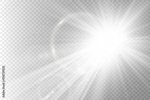 Special lens flash, light effect. The flash flashes rays and searchlight. illust.White glowing light. Beautiful star Light from the rays. The sun is backlit. Bright beautiful star. Sunlight. Glare.	

