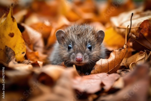 baby hedgehog sitting among the fallen leaves and peering out with its curious eyes, created with generative ai