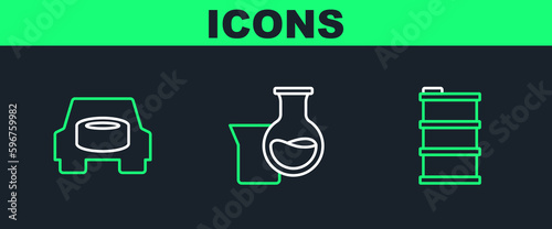 Set line Barrel oil, Spare wheel in the car and Oil petrol test tube icon. Vector