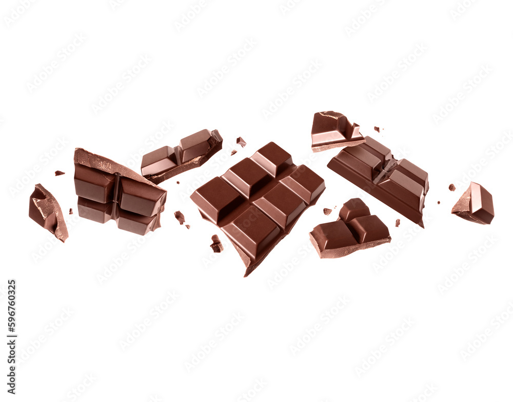 Broken dark chocolate bar in the air isolated on a white background - obrazy, fototapety, plakaty 