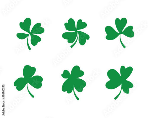 Set of six clover leaves. Flat style. Isolated on white background. St. Patrick s Day, lucky Concept.