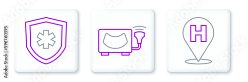 Set line Location hospital, Life insurance and Ultrasound icon. Vector