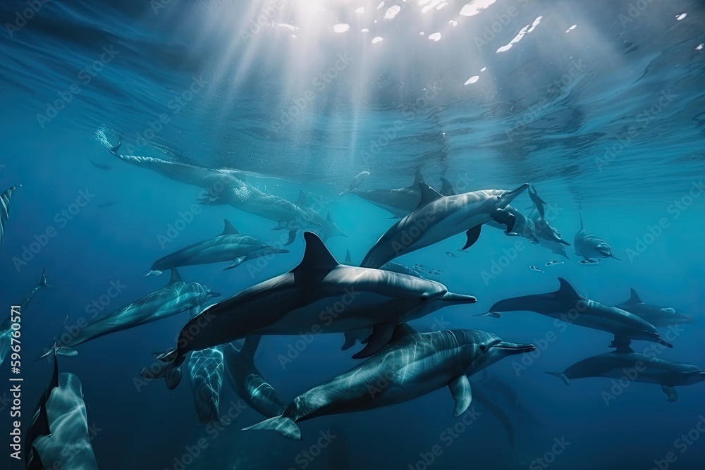 dolphin pod swimming together in tropical ocean, created with generative ai - obrazy, fototapety, plakaty 