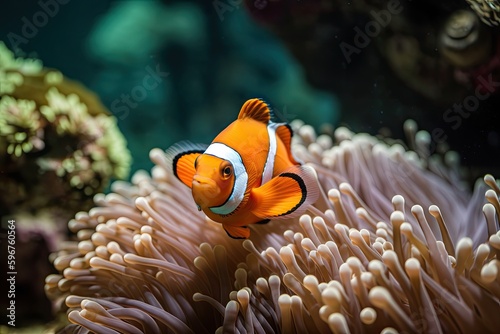 orange clownfish swimming among vibrant sea anemones, created with generative ai