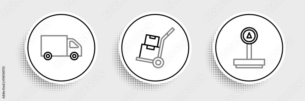 Set line Scale, Delivery cargo truck and Hand and boxes icon. Vector Set line Scale, Delivery cargo truck and Hand and boxes icon. Vector