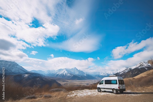 van, surrounded by majestic mountains and azure skies, created with generative ai