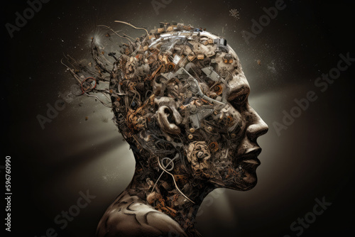 Process of human thinking. Illustration of consciousness Silhouette of man head with gear mechanism in brain. Created with Generative AI