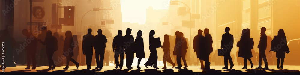Silhouettes of group of people at sunlight. Crowd of people walking at city street. Unrecognizable people on the road. City life. Created with Generative AI