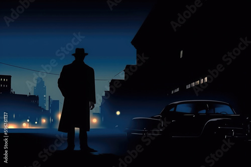 Silhouette of a man in a hat and coat on a night street. Gangster  mafia or old fashioned detective on mission. Noir style. Created with Generative AI