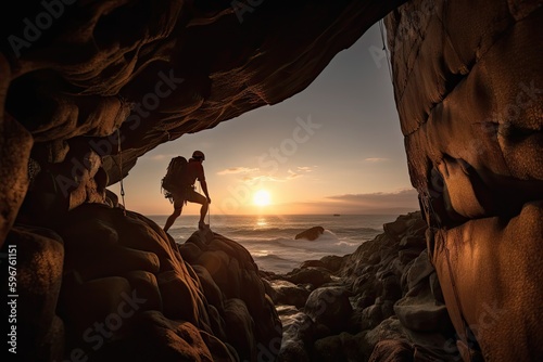 climber ascending an overhanging rock face, with glimpse of the sunset in the background, created with generative ai © Natalia
