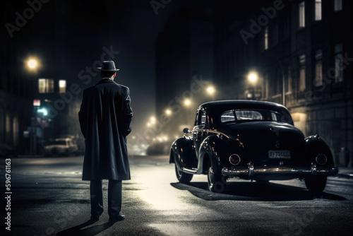 Silhouette of a man in a hat and coat on a night street. Gangster, mafia or old fashioned detective on mission. Noir style. Created with Generative AI