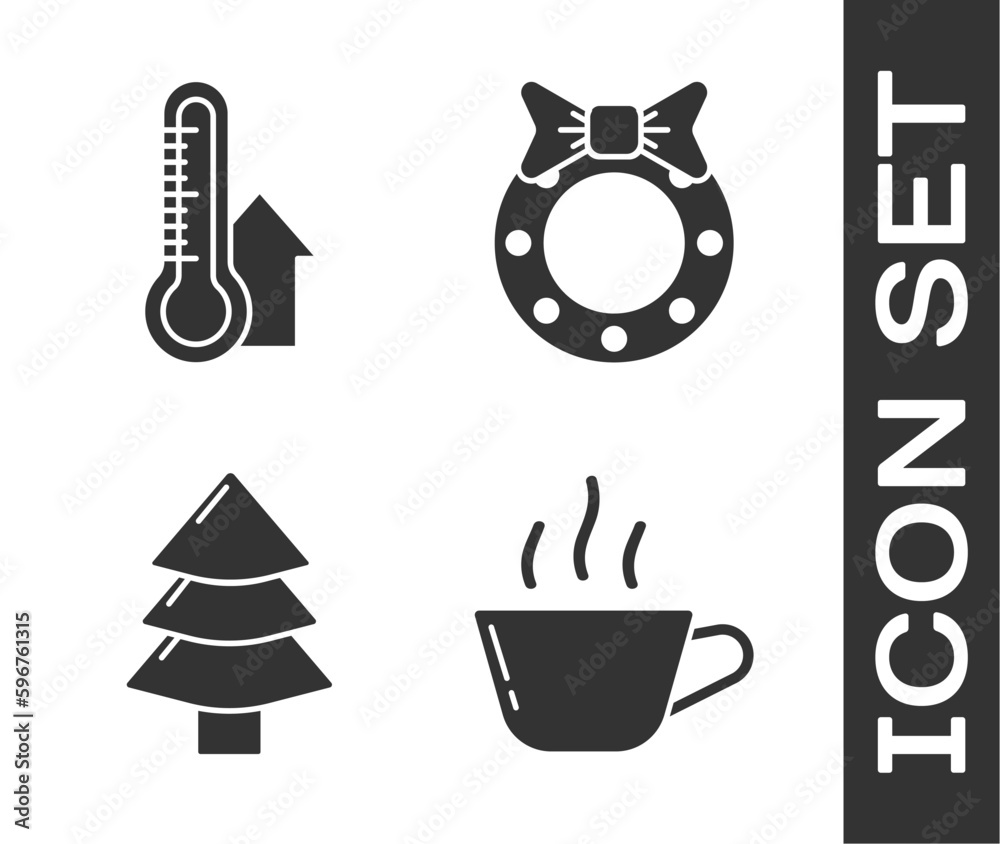 Set Coffee cup, Meteorology thermometer measuring, Christmas tree and Christmas wreath icon. Vector Set Coffee cup, Meteorology thermometer measuring, Christmas tree and Christmas wreath icon. Vector