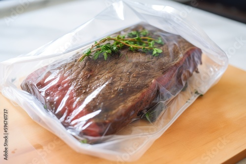sous-vide flank steak, cooked to succulent perfection in vacuum bag, created with generative ai