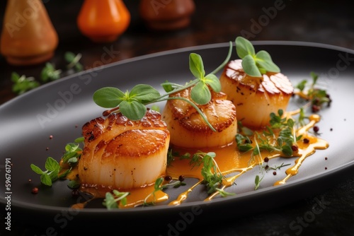 Photo beautiful plate of sous-vide seared scallops with herbs and spices, created with