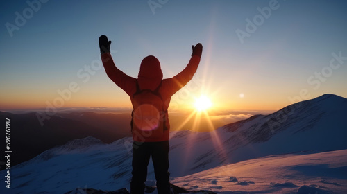 On the peak of the mountain man s silhouette with arms raised at sunset. Generative AI