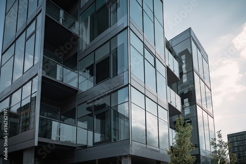 modern building, with sleek and minimalist details, featuring glass windows and metal accents, created with generative ai