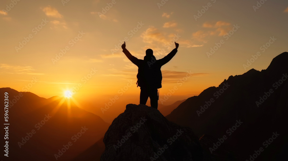 On the peak of the mountain man's silhouette with arms raised at sunset. Generative AI