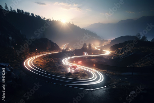 Ai generated illustration of light trail S-curve mountain road at dusk