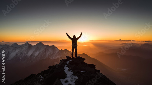 On the peak of the mountain man s silhouette with arms raised at sunset. Generative AI