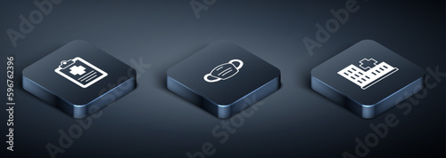 Set Isometric Patient record, Hospital building and Medical protective mask icon. Vector