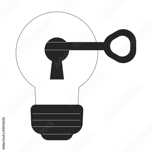Key unlocks lightbulb keyhole flat line black white vector object. Generate business idea. Editable cartoon style icon. Simple isolated outline spot illustration for web graphic design and animation